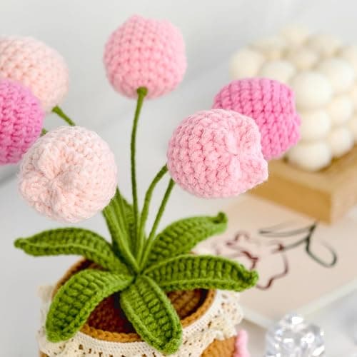 JOMODECOR Handmade Crochet Tulip Bouquet Potted Plants, Knitted Artificial Forever Flowers with Exquisite Pot,Gift to Friends Women Kids,Perfect for Home Decorations, Office Desk(Pink) thumbnail 5