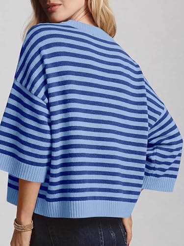 Saodimallsu Womens Short Sleeve Sweater Summer Striped Oversized Sweaters Casual Crewneck Lightweight Knit Tops thumbnail 4