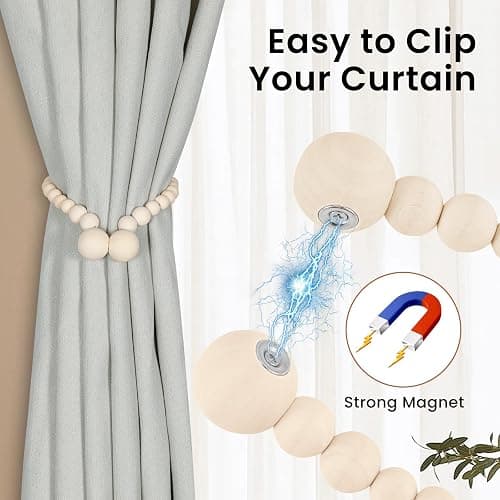 KLOGTSIND Magnetic Wood Bead Curtain Tiebacks, Curtain Holders for Boho Bedroom, Baby Nursery, Farmhouse Decor, Wood Color, 2 Packs thumbnail 2