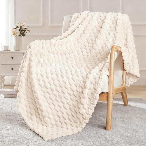 Exclusivo Mezcla Extra Large Fleece Throw Blanket for Couch, 50x70 Inches Stylish Jacquard Soft Throw Blanket, Fuzzy Cozy Lightweight for Winter, Ivory - Image 1