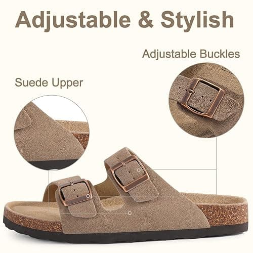 KIDMI Women's Cork Footbed Casual Summer Sandals with Mild Arch Support | Double Adjustable Buckle Slides for Men with Memory Foam, Lightweight Unisex No-Break-In Sandals thumbnail 4