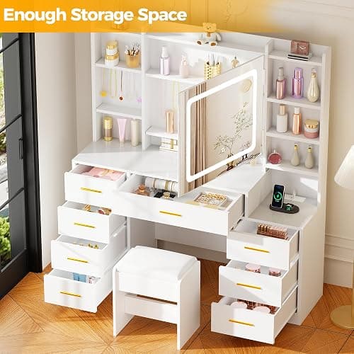 BEWISHOME Large Vanity Desk with Mirror and Lights,White Makeup Vanity Table with Power Outlet,Makeup Desk with 8 Drawers,7 Open Shelves,12 Hooks,Nightstand and Stool,Dressing Table for Bedroom FST53W thumbnail 3