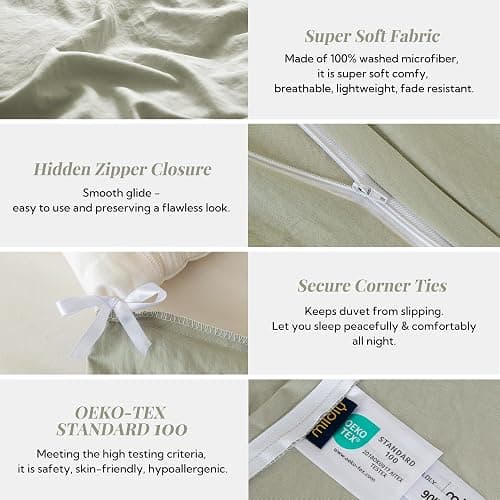 MILDLY Super Soft Duvet Cover - 100% Washed Microfiber October Mist Sage Comforter Cover Set 3 Pieces with Zipper Closure & Corner Ties (No Comforter) thumbnail 5
