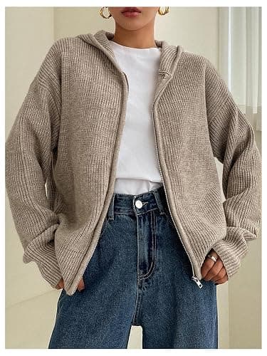 SOLY HUX Zip Up Cardigan for Women Hooded Cardigan Sweater Knitted Drop Shoulder Fall Clothes Winter Hoodies Outerwear thumbnail 4