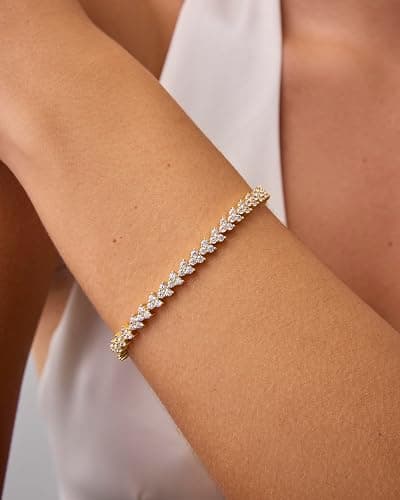 PAVOI 14K Gold Plated Tennis Bracelets for Women - Bezel Set Cubic Zirconia Bracelet - Simulated Diamonds Round, Trillion, Trinity, Radiant, Pear, Heart Cut Stones Wedding Jewelry Gifts for Brides thumbnail 2