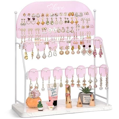Keebofly Acrylic Earring Organizer Stand with 14 Hooks - Pink | Cute Earring Holder for Girls & Teens, Jewelry Display with 300 Holes & 14 Hooks, Vanity Desk Decor - Image 1