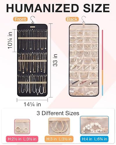BAGSMART Hanging Jewelry Organizer Storage Roll with Hanger Metal Hooks Double-Sided Jewelry Holder for Earrings, Necklaces, Rings on Closet, Wall, Door, 1 piece, Large, Black thumbnail 2