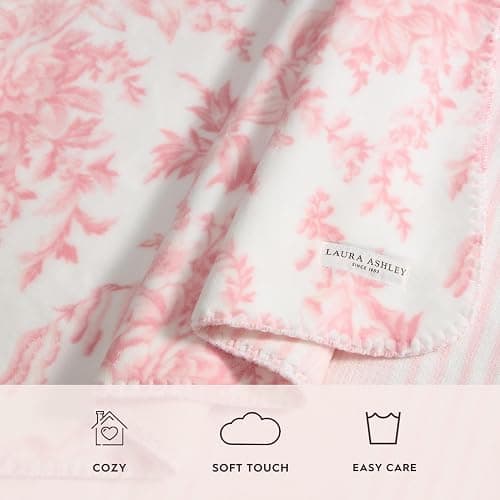 Laura Ashley - Plush Throw Blanket, 50x70, Soft and Warm with a Lightweight Feel, Reversible Floral Design with Stripe Reverse, Bedford Pink Pink thumbnail 4