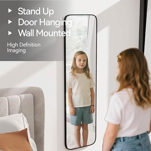 SCWF-GZ 57x16 Door Hanging Full Length Mirror, Floor Stand (Height 5.7ft just Body in1.3ft) Wall Mounted Metal Frame Rectangle Dressing Mirrors for Bedroom Bathroom Room 57 inch Black thumbnail 5