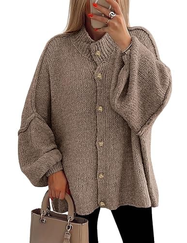 PRETTYGARDEN Women's Winter Button Down Cardigan Sweaters Mock Neck Lantern Long Sleeve Chunky Knit Jacket Trendy Outerwear - Image 1