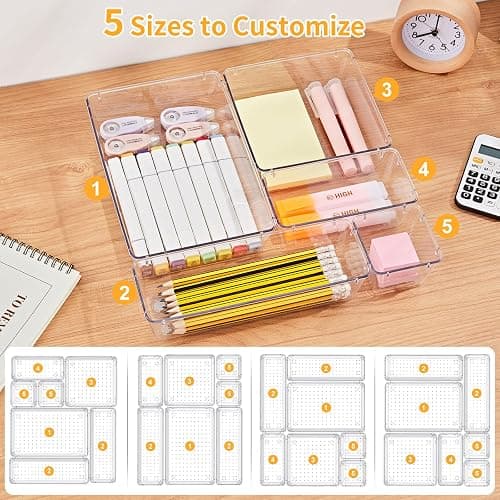 SMARTAKE 22-Piece Drawer Organizer with Non-Slip Silicone Pads, 5-Size Clear Desk Drawer Organizer Trays Storage Tray for Makeup, Jewelries, Utensils in Bedroom Dresser, Office and Kitchen, Clear thumbnail 8