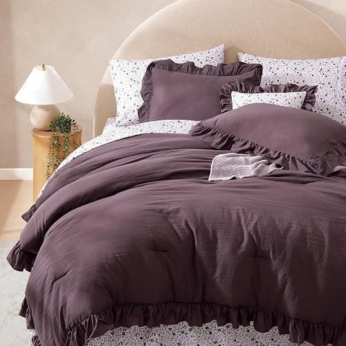 BLOOMHAVEN Full Comforter Set - 7 Pieces Ruffle Purple Bedding Sets, Shabby Chic Farmhouse Bed in a Bag Full with Ruffle Comforter, Floral Sheets, Pillowcases & Shams thumbnail 4