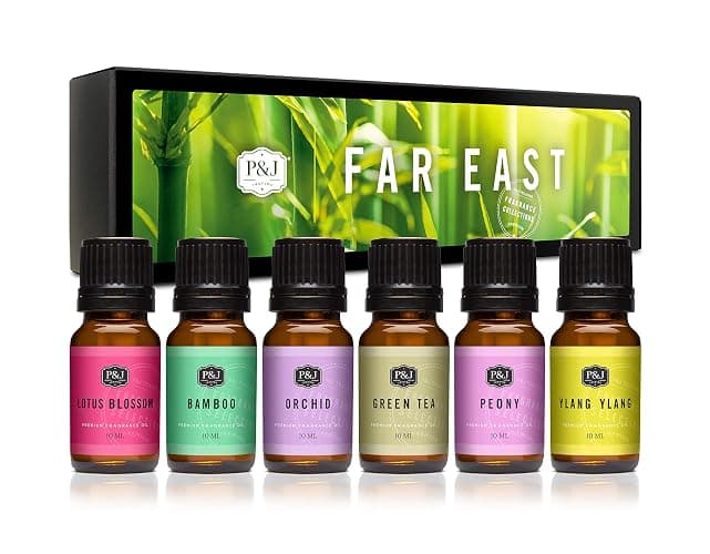 P&J Fragrance Oil Far East Set - Green Tea, Lotus Blossom, Orchid, Bamboo, and Peony Scents for Candle, Soap & Diffuser Oil Making - Far East - 0.34 Fl Oz (Pack of 6) - Image 1