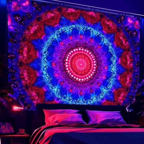 Manicer Blacklight Mandala Tapestry - UV Reactive Bohemian Red Blue Purple Floral Colorful Wall Hanging, Glow in the Dark Aesthetic Boho Wall Art Decor for Bedroom, Living Room, Dorm - 51.2" x 59.1" thumbnail 2