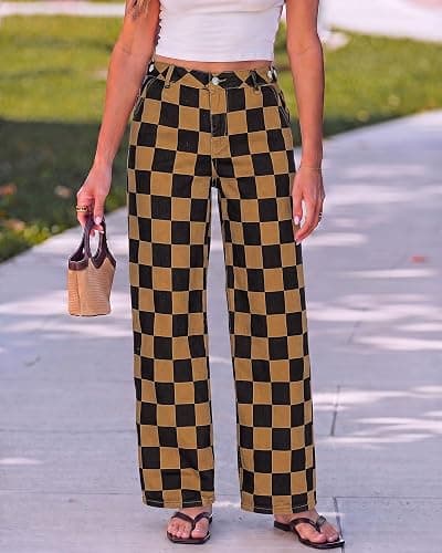 luvamia Checkered Pants Women High Rise Cinch-Waist Stretchy Wide Leg Jeans | Adjustable Waist, Patterned Pants for Women, Baggy Jeans Y2K, Checkerboard Print, Alternative Clothes thumbnail 7