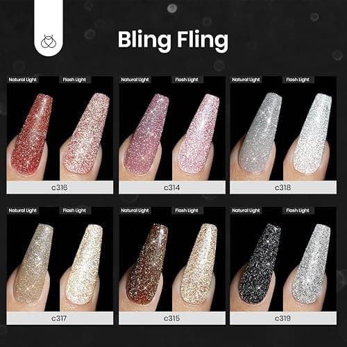 Beetles Glitter Gel Nail Polish, 6 Colors Holographic Sparkle Glitter Winter Gel Polish Flash Diamond Sliver Gold Black Red UV LED Soak Off Manicure Gift for Women thumbnail 3