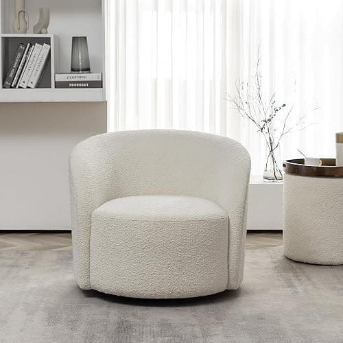 KINWELL 34" W Mid Century Modern Swivel Barrel Chair, Round Upholstered Boucle Swivel Accent Chairs, No Assembly Sofa Chair for Living Room Bedroom Reading Apartment Lounge Nursery(Cream) thumbnail 3