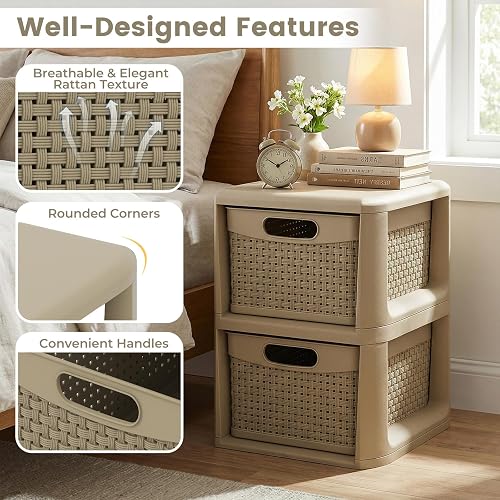 Giantex 2-Drawer Storage Organizer, Plastic Wicker Tower Baskets, Counterop & Under-desk Compact Container Boxes for Office, Bedroom, Bathroom, Living Room, Taupe thumbnail 9