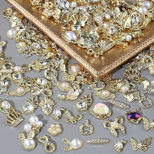 Dornail 50 Stück Gold Nail Charms,Mix Styles Glitzersteine Nägel Perle Legierung Nagel Steine Blume Schmetterling Strasssteine Nägel Herz Stern Nagel Charms DIY Nail Art Zubehör Frauen nägel Deko thumbnail 4