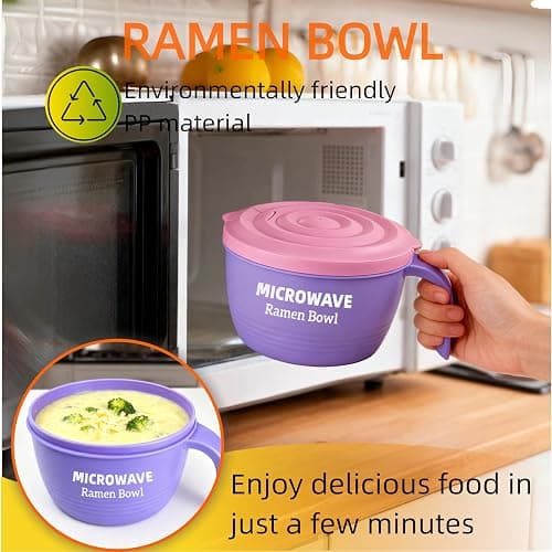 Layron Ramen Cooker Bowl - 45 oz Microwaveable Noodle Bowl Ramen in few Minutes- BPA Free and Dishwasher Safe Set with Chopsticks Perfect for Dorm, Small Kitchen, or Officee (purple) thumbnail 6