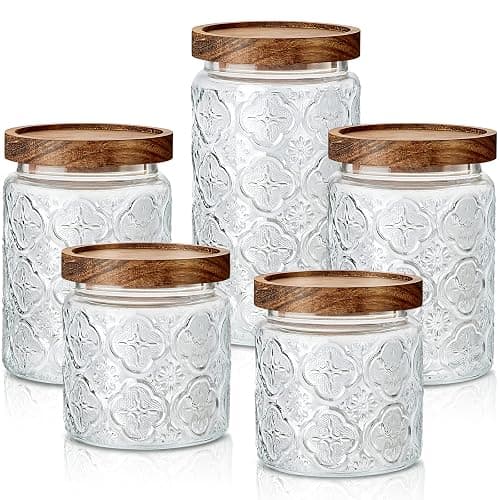 Gerrii 5 Pcs Begonia Pattern Round Vintage Glass Food Storage Containers 17/24/34 oz Glass Jar with Lid Airtight Candy Jar Food Canisters for Kitchen Counter Pantry Coffee Tea Beans - Image 1