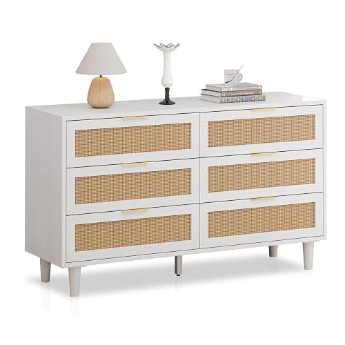 NTYUNRR 51.18" Rattan Dresser for Bedroom, Mid Century 6 Drawer Dressers, Wooden Dresser Chest of Drawers, White Modern Closet Boho Dressers Storage Cabinet, for Living Room Hallway Entryway, M - Image 1