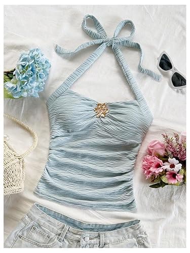 SOLY HUX Women's Halter Tops Cute Summer Y2K Going Out Camisole | Sleeveless Backless Cami Top, Tie Back, Floral Metal, Beach Outfits, Cute Tops for Teens thumbnail 3