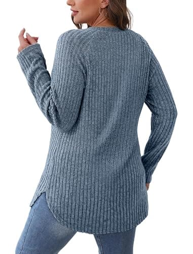 Saloogoe Long Sleeve Shirts for Women 2025 Fall Clothes Tunic Tops Loose Fit Dressy Crewneck Pullover Sweaters Curved Hem thumbnail 5