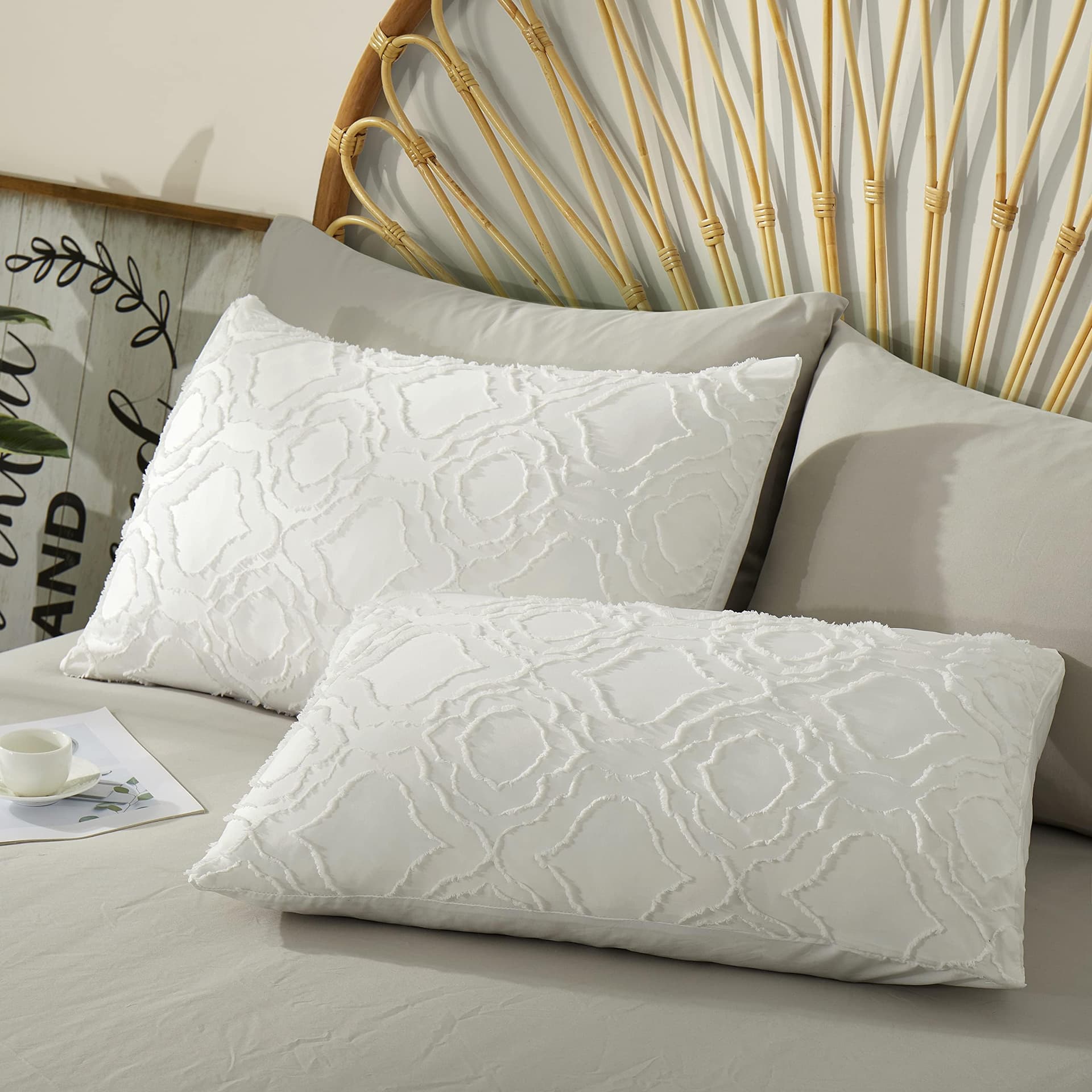 Quilt Cover King Size, Shabby Chic Tufted Beige Duvet Cover Set, 3PCS Soft and Breathable Textured Boho Bedding Set with Zipper Closure (White, King) thumbnail 5