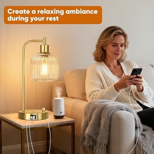 QiMH Industrial Table Lamp for Bedroom Set of 2, Clear Glass Beside Lamp with USB A&C Ports, Stepless Dimmable Gold Lamps, Nightstand Lamps for Living Room, Office, Home Decor(Bulb Included) thumbnail 5