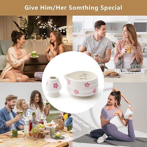 YumiPLUS 2pcs Matcha Bowl with Whisk Holder, Ceramic Cherry Blossom Matcha Bowl with Spout, 16.5OZ Porcelain Bowl with Measurement Marks,Tea Mixing Bowl with Whisk Stand, Matcha Gift (sakura) thumbnail 8