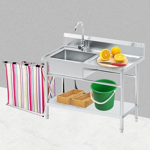 PurezmMoto Utility Sink Freestanding Single Bowl Laundry Sink with Hot and Cold Water Plumbing Workbench & Storage Stainless Steel Sink for Kitchen and Bathroom Farmhouse Style, 39Inch, Metallic Gray - 40" Stainless-Steel Sink thumbnail 2