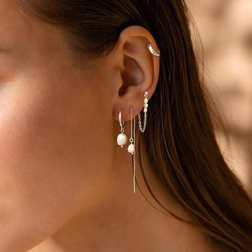 Gold Hoop Earrings for Women, 14K Gold Plated Hypoallergenic Pearl Drop Dangle Huggie Hoop Earring Stack for Multiple Piercings & Cartilage, Dainty Trendy Womens Jewelry thumbnail 2