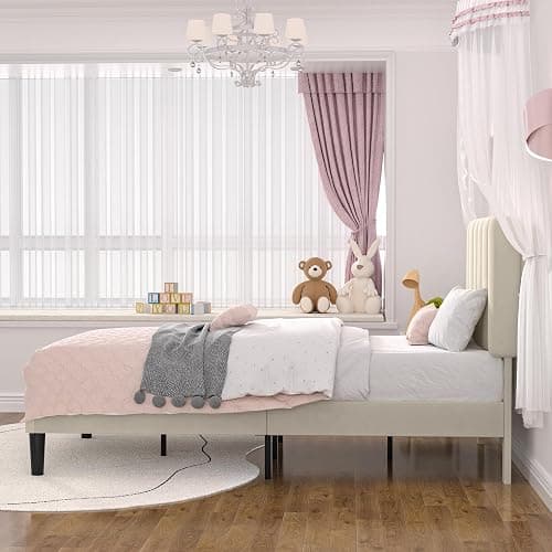 VECELO Twin Size Bed Frame with Upholstered Headboard, Velvet Platform Bedframe Mattress Foundation, Strong Wood Slat Support, No Box Spring Needed,Velvet Beige thumbnail 4