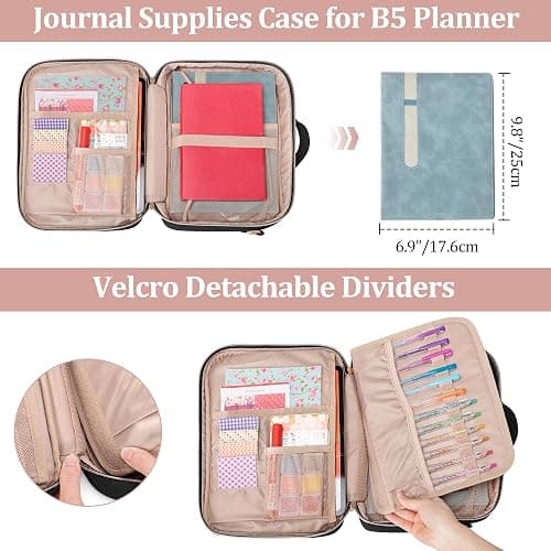 Teamoy Journal Supplies Storage Case, Journal Supplies Holder with Detachable Pen Slots, Travel Organizer Holder for B5 Notebooks, Planner, Pens, Journal Supplies and Accessories, Black Quilted thumbnail 6