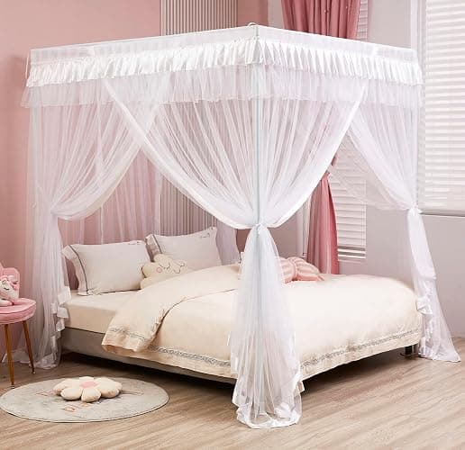 Mengersi Princess 4 Corners Post Bed Curtain Canopy Mosquito Netting (White, Twin) thumbnail 4