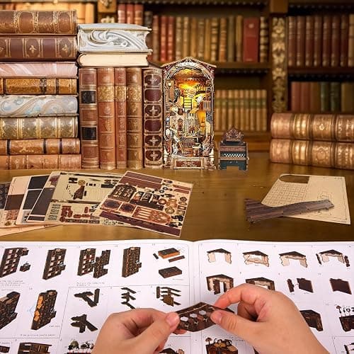 BuzzoXerex DIY Book Nook, Fermalibri in Legno 3D con Copertura Antipolvere, DIY Miniature Kit con Luce LED Manuale per Arredare le Librerie e fare Regali Creativi (Mondo Magico) thumbnail 6