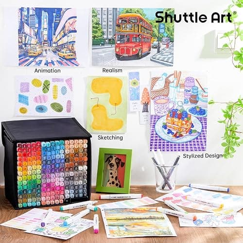 Shuttle Art 206 Colors Alcohol Markers, 204 Colors Dual Tip Art Marker Set Plus 2 Colorless Blender, Micro-tip Pens, White Highlighter Pens, Marker Bag Perfect for Students Adults Coloring thumbnail 5