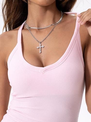 Danysu V Neck Racer Back Tank Top for Women Padded Ribbed Long Tank Fitted Basic Cami Tops thumbnail 7