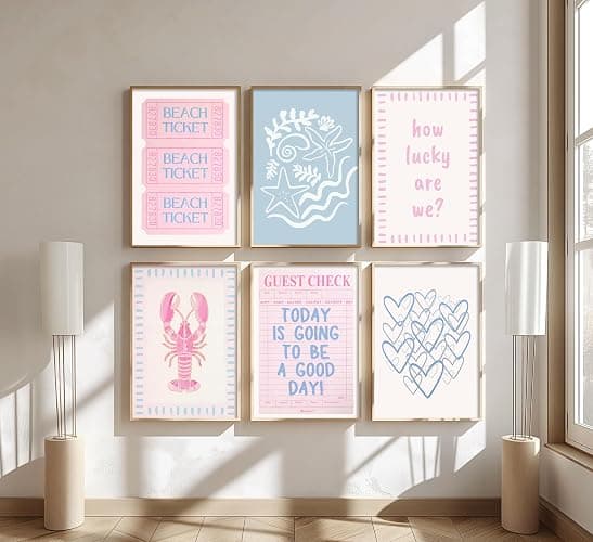 Pink Blue Beach Preppy Wall Art Coastal Granddaughter Aesthetic Summer Picture Wall Decor Trendy Beach Ticket Starfish Poster Lucky Heart Painting Print Artwork for Girly Room Dorm Apartment, Unframed thumbnail 7
