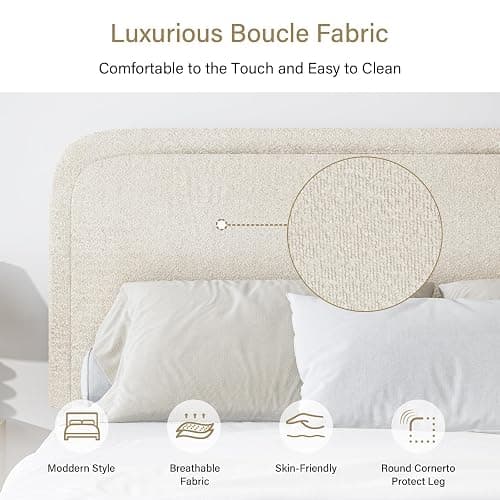 BarnFurin Queen Bed Frame with Headboard, Cloud Boucle Upholstered Platform Bed with Wood Slats, Soft Rounded Corners, No Box Spring Required, Non-Slip and Noise-Free, Easy Assembly, Cream thumbnail 4