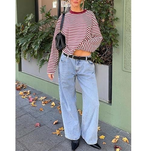 KOSUSANILL Women Oversized Striped Long Sleeve Shirt Crewneck Cropped Tops Drop Shoulder Y2K Preppy Sweatshirt Fall Clothes thumbnail 5