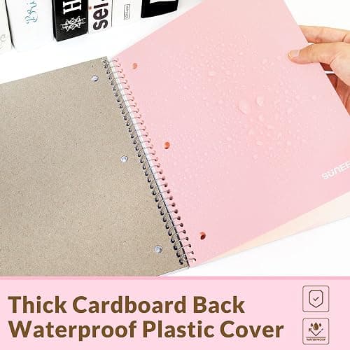 SUNEE Spiral Notebook, 1-Subject, College Ruled Paper, 8" x 10-1/2", 100 Sheets per Notebook, 3-Hole Punched Paper, Water Resistant Cover, Double-sided Pockets, Spiral Lined Notebooks for Work, Pink thumbnail 5