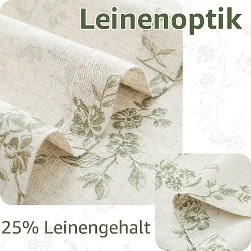 TOPICK Rideaux en lin, 65 x 60 cm avec motif floral, style champêtre, semi-transparent, pour printemps, cuisine, set de 2 pièces, vert sur blanc thumbnail 3