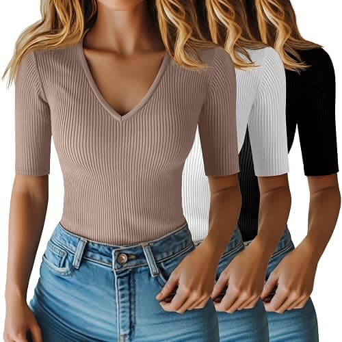 Riyiper 3 Pack Women's Half Sleeve Top Elbow Length Ribbed Cotton T Shirt Women V Neck Summer Tee Slim Fit Casual Blouses - Image 1