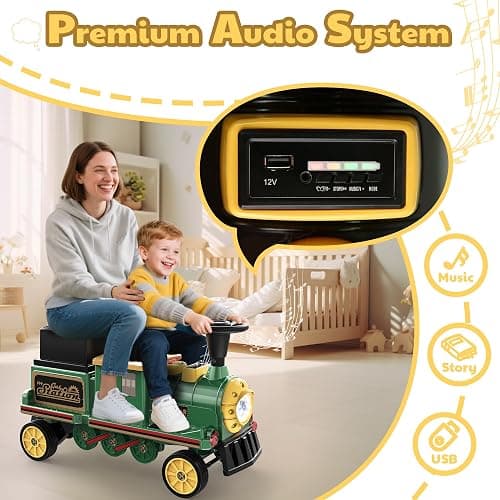 ANPABO 2-Seater Ride On Train Trackless, 12V Kids Car with Height-Adjustable Seat, Extra Storage, Headlight, Train Whistle & Music, Electric Car for Kids 3+ (Carriage Not Included), Green thumbnail 4