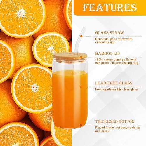 BUCOMTU 6 Pièces Verres à Boire avec Couvercles en Bambou et Paille en Verre,Verre Canette 500 ml, avec Couvercle et Paille,Pour Ice Coffee, Cocktail, Smoothie thumbnail 4