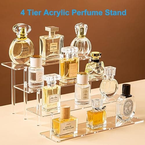 HENABLE 4 Tier Acrylic Perfume Organizer Stand, Clear Display Risers for Perfume, Cologne, Cosmetic, Skincare, Funko POP, Dessert Display, Cupcake Stand Holder thumbnail 4