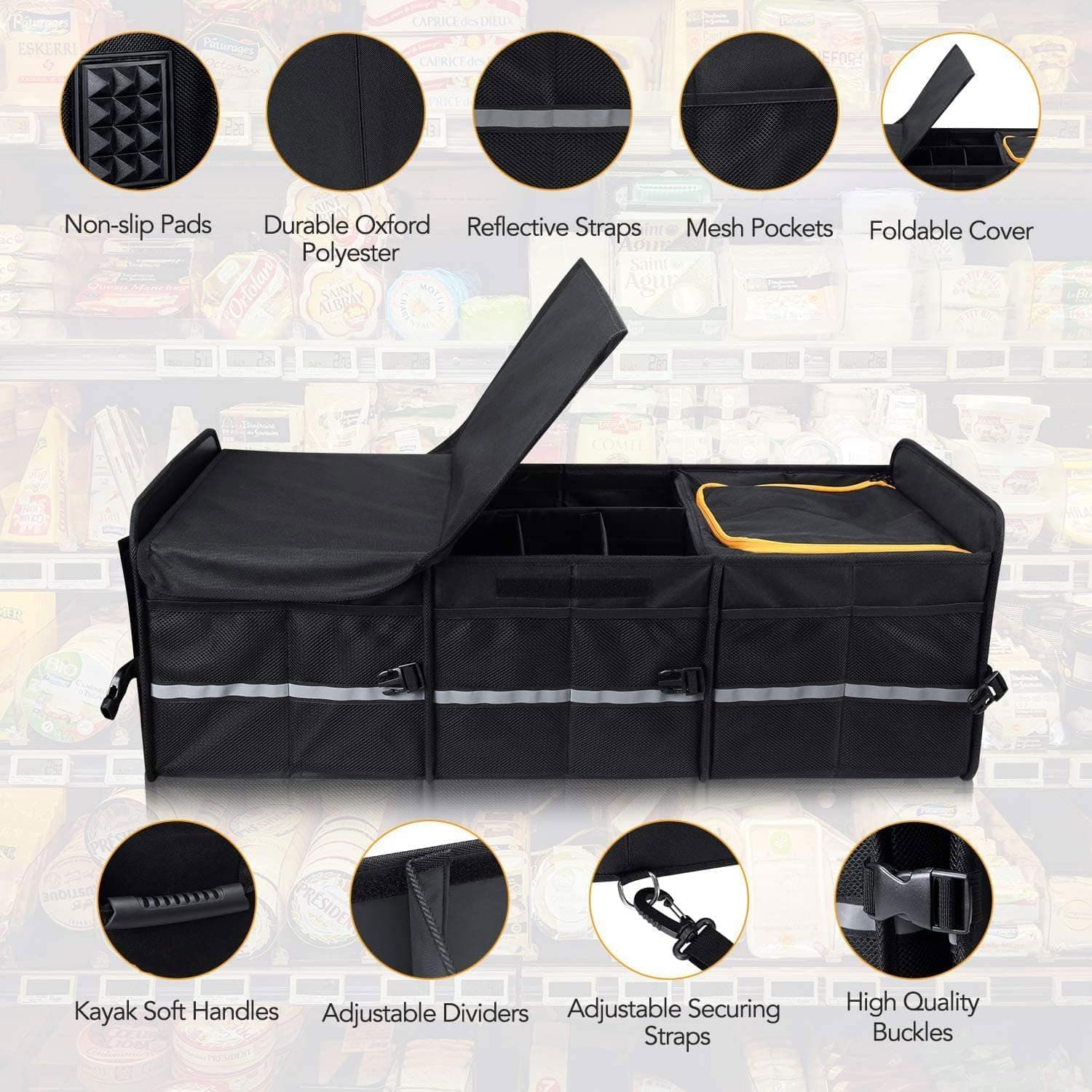 Large Trunk Organizer With Built-in Leakproof Cooler Bag,Car Organizers and Storage for SUV 4 Removable Dividers Collapsible Portable Non-Slip Bottom Tie Down Strap,Car Accessories thumbnail 4