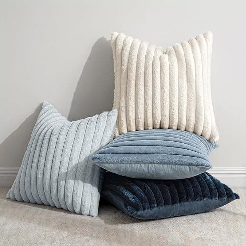 MIULEE Faux Fur Plush Decorative Throw Pillow Covers 18x18 Set of 4, Summer Modern Soft Fuzzy Coastal Striped Cushion Covers for Sofa Couch Bed Living Room Cozy Home Decor,Navy Blue thumbnail 3